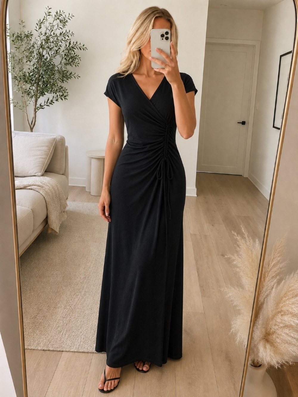 Max Studio Black Ruched Side V Neck Maxi Dress Small